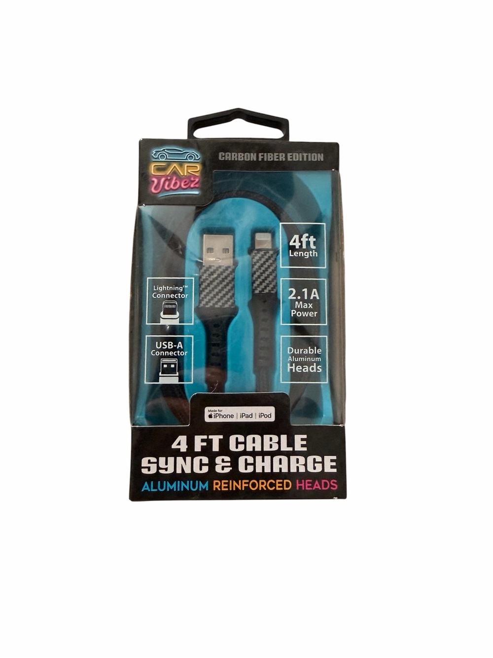 Car Vibez 4FT Lightning USB-A iPhone Charging Cable Carbon Fiber MFi